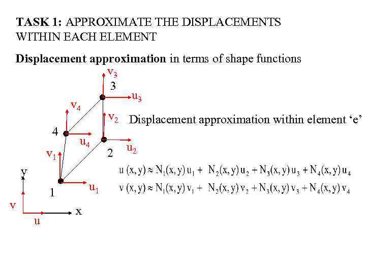 TASK 1: APPROXIMATE THE DISPLACEMENTS WITHIN EACH ELEMENT v Displacement approximation in terms of