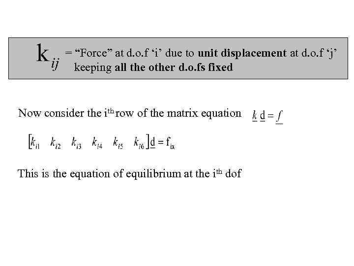 = “Force” at d. o. f ‘i’ due to unit displacement at d. o.