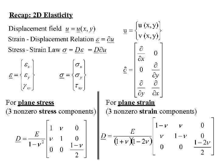 Recap: 2 D Elasticity For plane stress (3 nonzero stress components) For plane strain