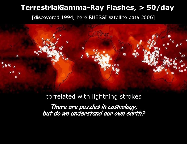 Terrestrial. Gamma-Ray Flashes, > 50/day [discovered 1994, here RHESSI satellite data 2006] correlated with