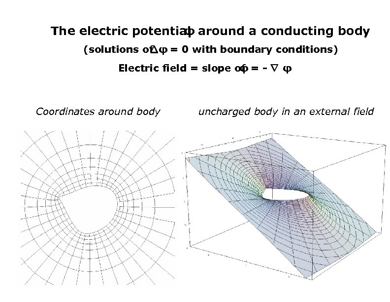 The electric potential around a conducting body φ (solutions of ¢φ = 0 with