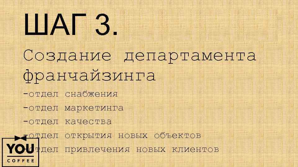 ШАГ 3. Создание департамента франчайзинга -отдел -отдел снабжения маркетинга качества открытия новых объектов привлечения