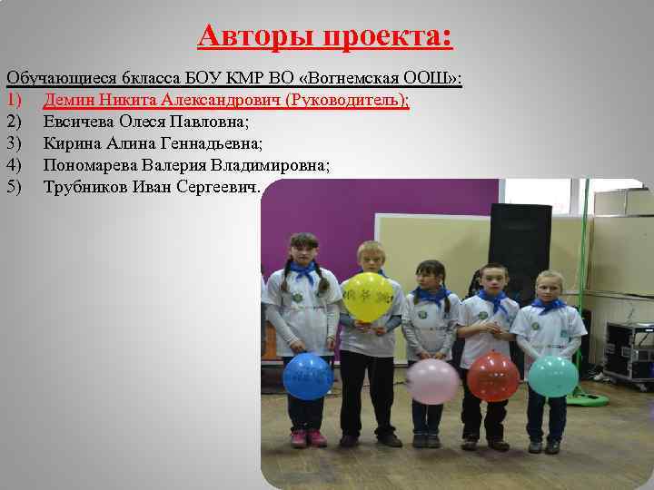 Авторы проекта: Обучающиеся 6 класса БОУ КМР ВО «Вогнемская ООШ» : 1) Демин Никита