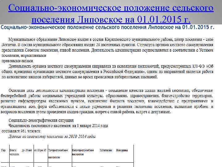 Социально-экономическое положение сельского поселения Липовское на 01. 2015 г. 