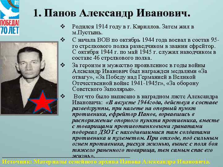 1. Панов Александр Иванович. v Родился 1914 году в г. Кириллов. Затем жил в