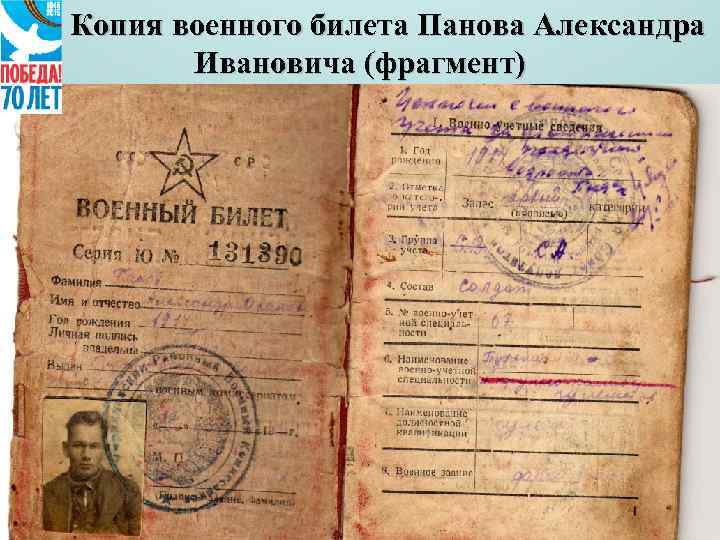 Копия военного билета Панова Александра Ивановича (фрагмент) 