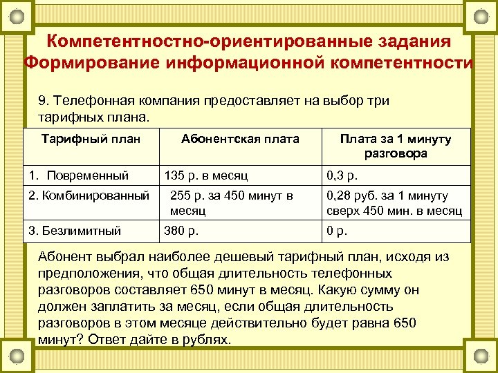 Компетентностно-ориентированные задания Формирование информационной компетентности 9. Телефонная компания предоставляет на выбор три тарифных плана.