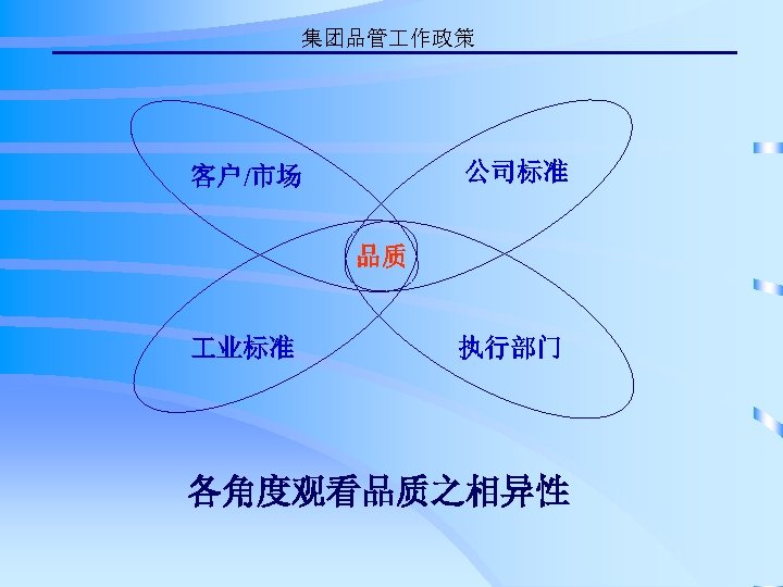集团品管 作政策 公司标准 客户/市场 品质 业标准 执行部门 各角度观看品质之相异性 