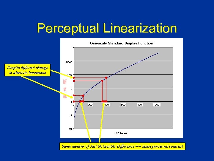 Perceptual Linearization Grayscale Standard Display Function 1000 Despite different change in absolute luminance 100