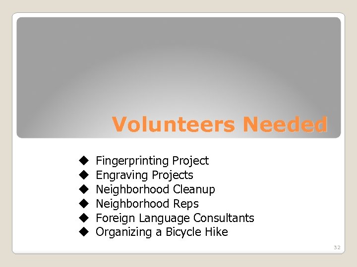 Volunteers Needed u u u Fingerprinting Project Engraving Projects Neighborhood Cleanup Neighborhood Reps Foreign