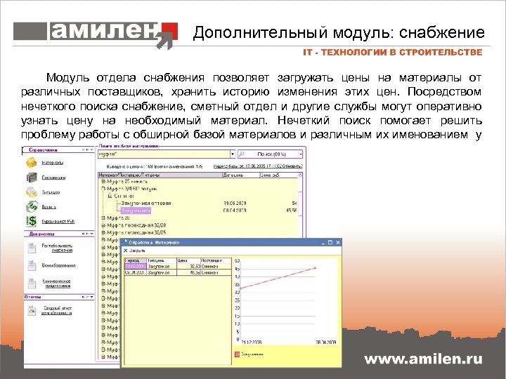 Дополнительный модуль: снабжение Модуль отдела снабжения позволяет загружать цены на материалы от различных поставщиков,