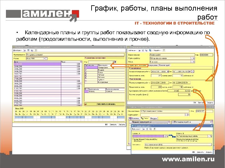 График, работы, планы выполнения работ • Календарные планы и группы работ показывают сводную информацию