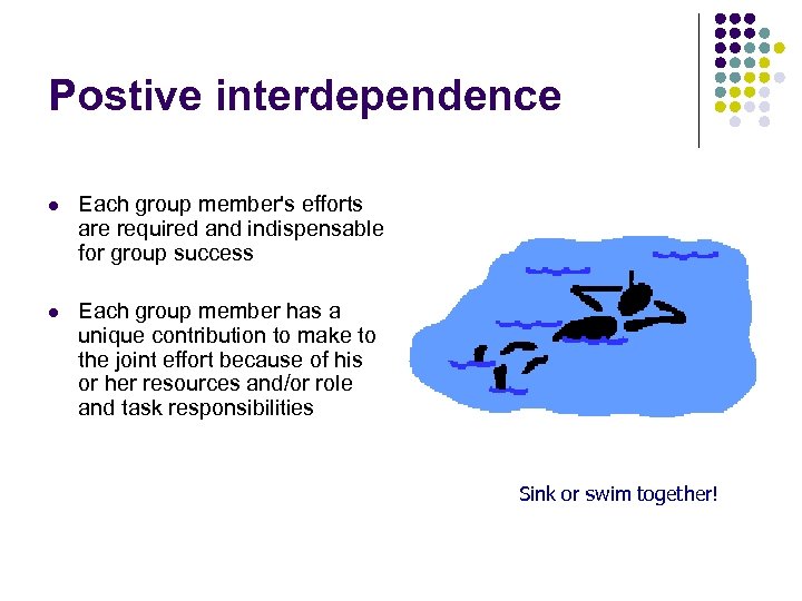 Postive interdependence l Each group member's efforts are required and indispensable for group success