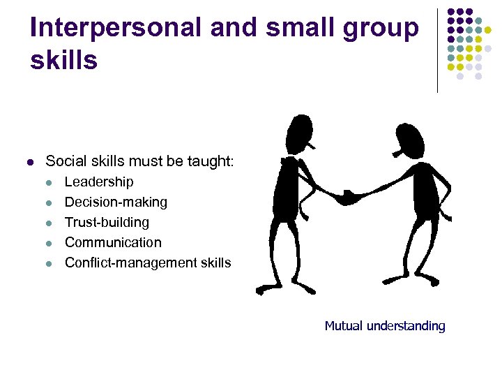 Interpersonal and small group skills l Social skills must be taught: l l l