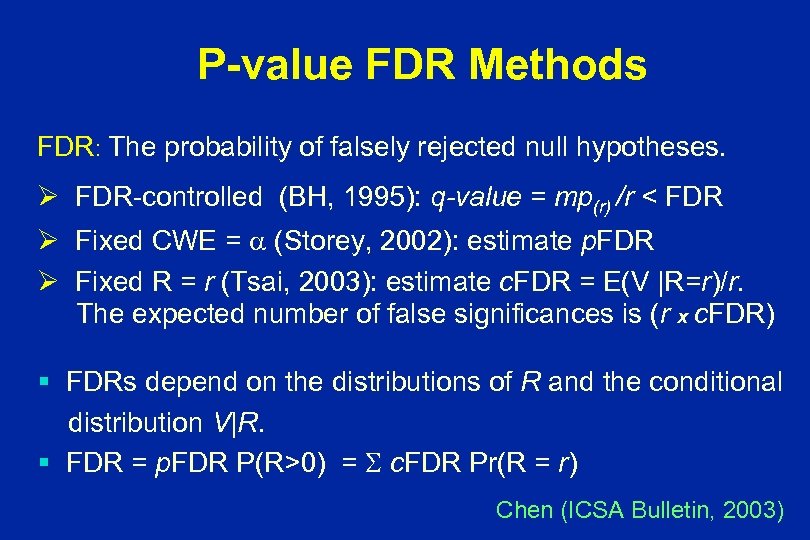 P-value FDR Methods FDR: The probability of falsely rejected null hypotheses. Ø FDR-controlled (BH,