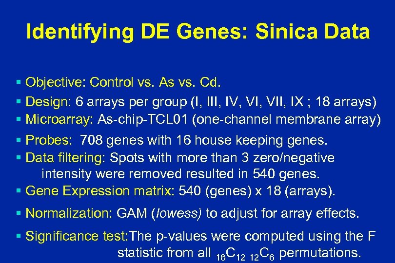 Identifying DE Genes: Sinica Data § Objective: Control vs. As vs. Cd. § Design: