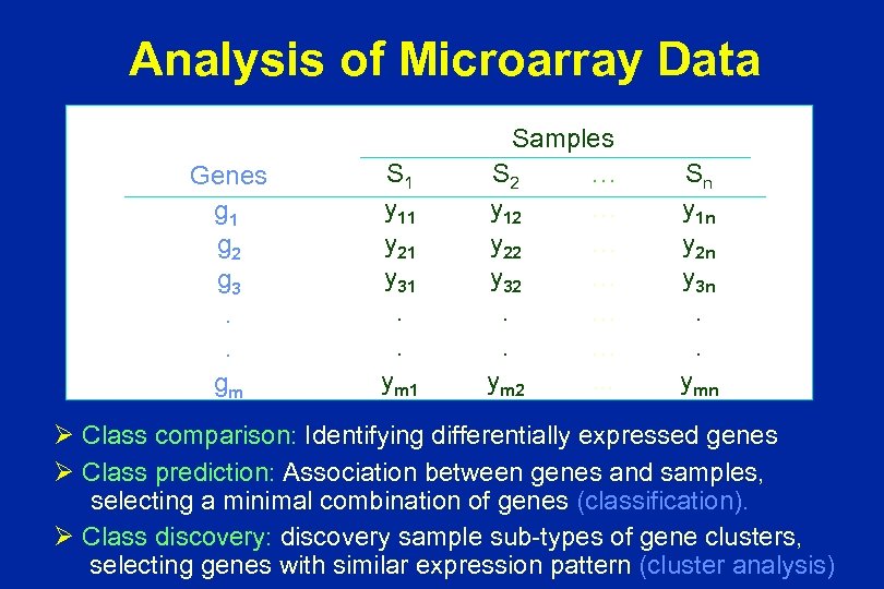Analysis of Microarray Data Genes g 1 g 2 g 3. . gm S
