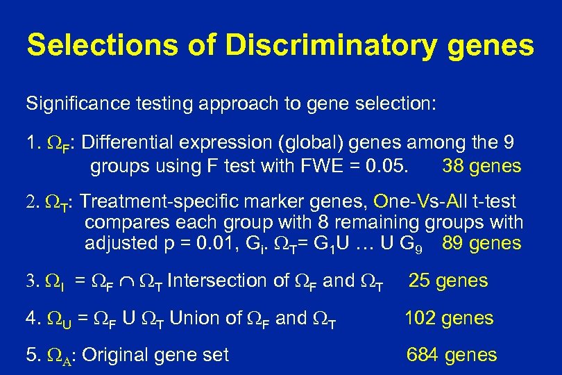 Selections of Discriminatory genes Significance testing approach to gene selection: 1. WF: Differential expression