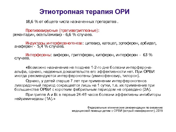 Этиотропная терапия ОРИ 18, 6 % от общего числа назначенных препаратов. Противовирусные (противогриппозные): ремантадин,