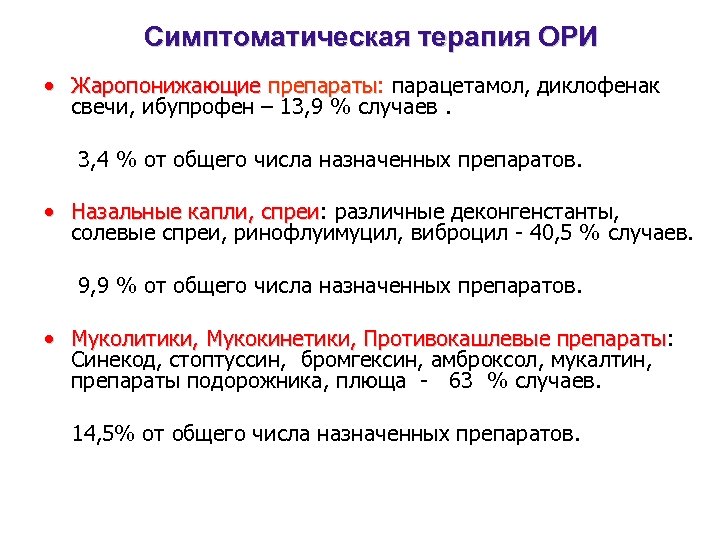 Симптоматическая терапия ОРИ • Жаропонижающие препараты: парацетамол, диклофенак препараты свечи, ибупрофен – 13, 9
