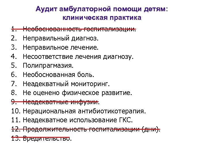 Аудит амбулаторной помощи детям: клиническая практика 1. Необоснованность госпитализации. 2. Неправильный диагноз. 3. Неправильное
