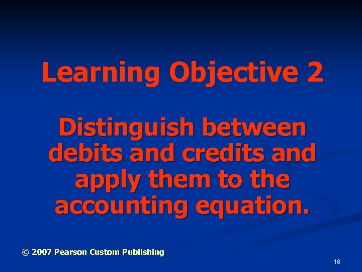 Learning Objective 2 Distinguish between debits and credits and apply them to the accounting