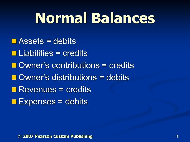Normal Balances n Assets = debits n Liabilities = credits n Owner’s contributions =