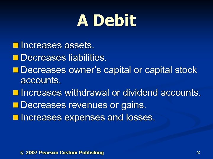 A Debit n Increases assets. n Decreases liabilities. n Decreases owner’s capital or capital