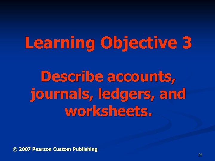 Learning Objective 3 Describe accounts, journals, ledgers, and worksheets. © 2007 Pearson Custom Publishing