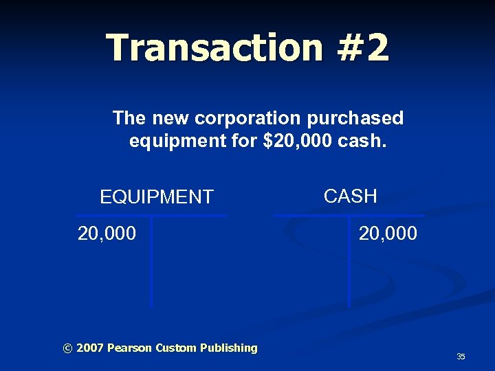 Transaction #2 The new corporation purchased equipment for $20, 000 cash. EQUIPMENT 20, 000