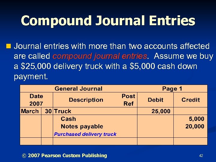 Compound Journal Entries n Journal entries with more than two accounts affected are called
