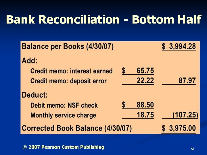 Bank Reconciliation - Bottom Half © 2007 Pearson Custom Publishing 51 