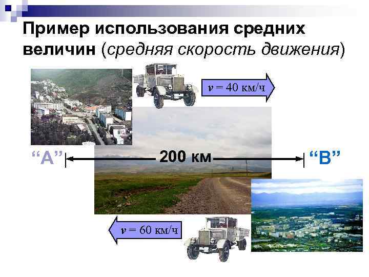 Пример использования средних величин (средняя скорость движения) v = 40 км/ч “A” 200 км