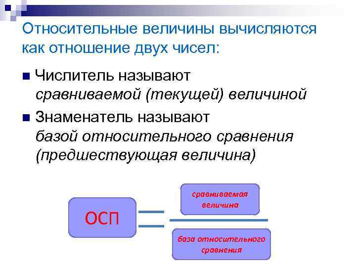 Относительные величины вычисляются как отношение двух чисел: Числитель называют сравниваемой (текущей) величиной n Знаменатель