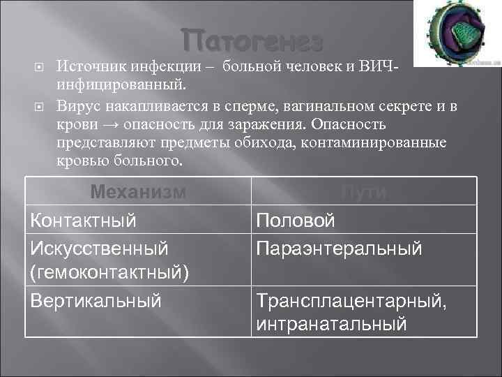 Патогенез Источник инфекции – больной человек и ВИЧинфицированный. Вирус накапливается в сперме, вагинальном секрете