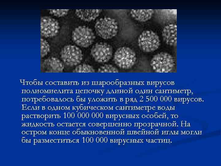 Чтобы составить из шарообразных вирусов полиомиелита цепочку длиной один сантиметр, потребовалось бы уложить в