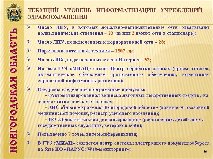 ТЕКУЩИЙ УРОВЕНЬ ИНФОРМАТИЗАЦИИ УЧРЕЖДЕНИЙ ЗДРАВООХРАНЕНИЯ Ø Число ЛПУ, в которых локально-вычислительные сети охватывают поликлинические