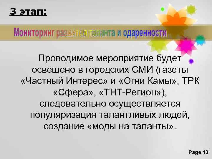 3 этап: Проводимое мероприятие будет освещено в городских СМИ (газеты «Частный Интерес» и «Огни