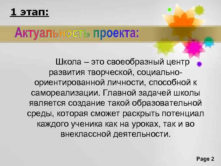 1 этап: Школа – это своеобразный центр развития творческой, социальноориентированной личности, способной к самореализации.