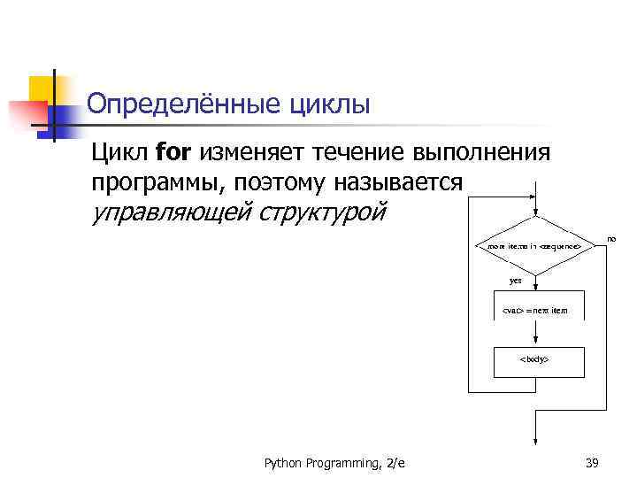 Определённые циклы Цикл for изменяет течение выполнения программы, поэтому называется управляющей структурой Python Programming,