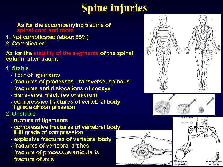 Spine injuries As for the accompanying trauma of spinal cord and roots 1. Not