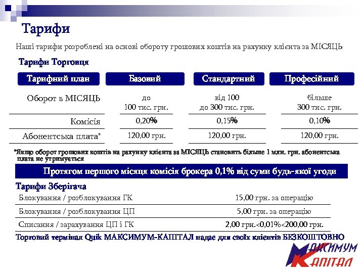 Тарифи Наші тарифи розроблені на основі обороту грошових коштів на рахунку клієнта за МІСЯЦЬ