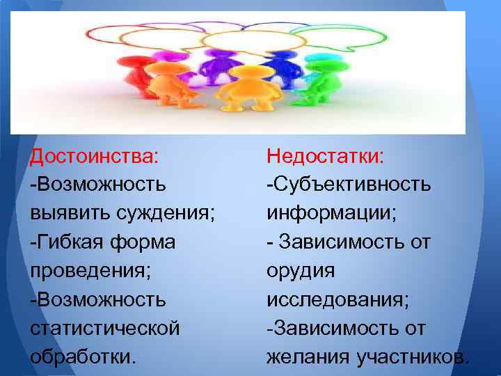 Достоинства: -Возможность выявить суждения; -Гибкая форма проведения; -Возможность статистической обработки. Недостатки: -Субъективность информации; -