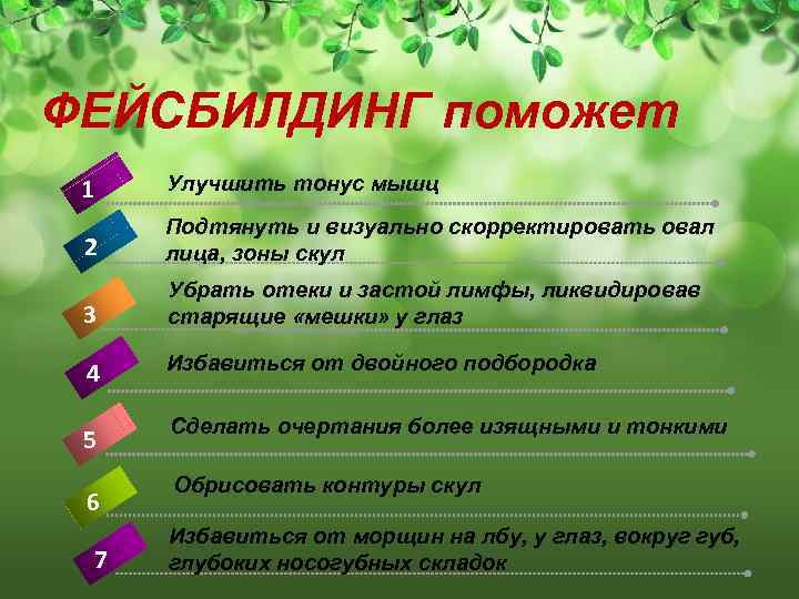 ФЕЙСБИЛДИНГ поможет 1 Улучшить тонус мышц 2 Подтянуть и визуально скорректировать овал лица, зоны