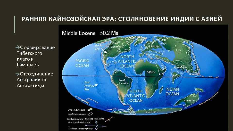 РАННЯЯ КАЙНОЗОЙСКАЯ ЭРА: СТОЛКНОВЕНИЕ ИНДИИ С АЗИЕЙ →Формирование Тибетского плато и Гималаев →Отсоединение Австралии