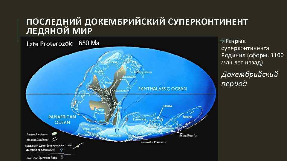 ПОСЛЕДНИЙ ДОКЕМБРИЙСКИЙ СУПЕРКОНТИНЕНТ ЛЕДЯНОЙ МИР →Разрыв суперконтинента Родиния (сформ. 1100 млн лет назад) Докембрийский