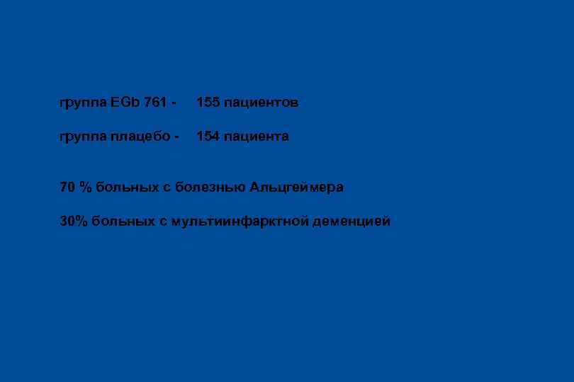 Методика исследования l группа EGb 761 - 155 пациентов l группа плацебо - 154