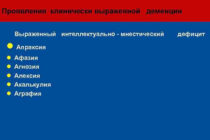 Проявления клинически выраженной деменции Выраженный интеллектуально - мнестический l Апраксия l Афазия l Агнозия