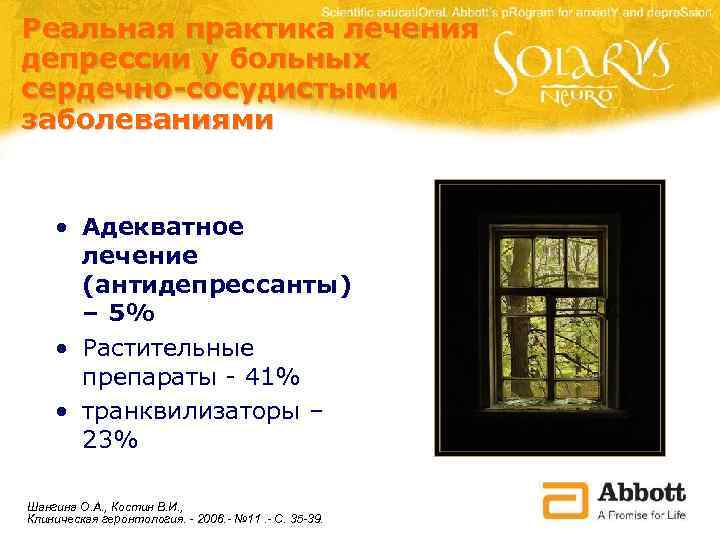 Реальная практика лечения депрессии у больных сердечно-сосудистыми заболеваниями • Адекватное лечение (антидепрессанты) – 5%
