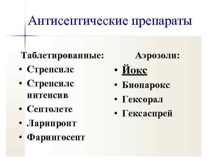 Антисептические препараты Таблетированные: • Стрепсилс интенсив • Септолете • Ларипронт • Фарингосепт Аэрозоли: •